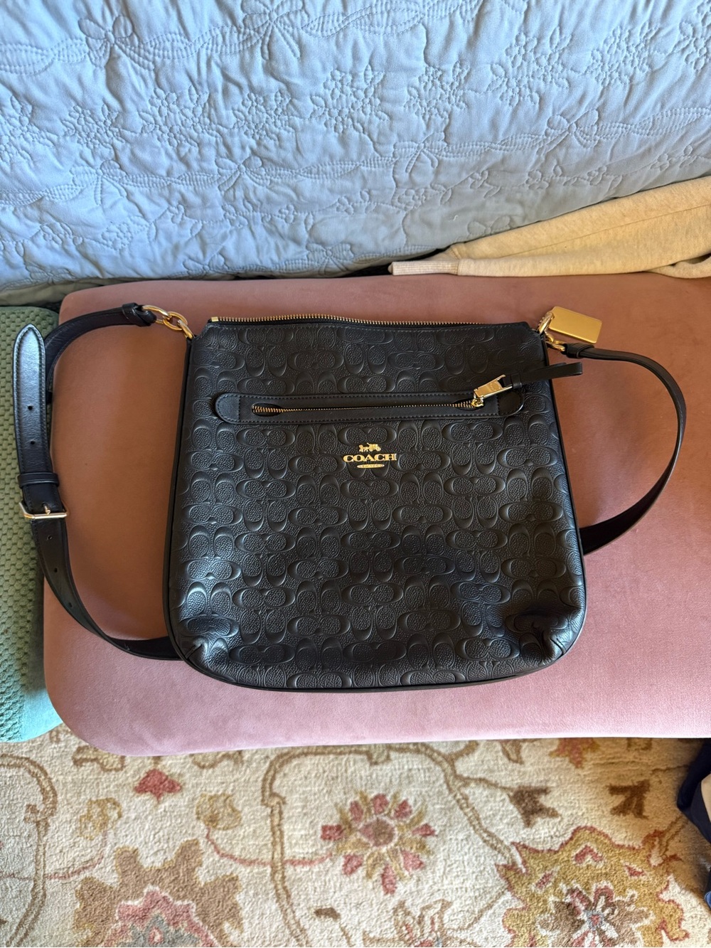 Coach Black Embossed Signature Crossbody with Gold Logo